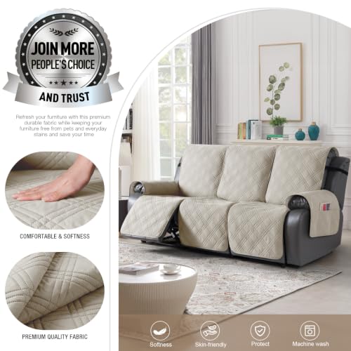 100% Waterproof Recliner Sofa Covers 3 Seater Split Couch Covers for 3 Cushion Reclining Couch with Straps (Cream / 3 Seater Standard)