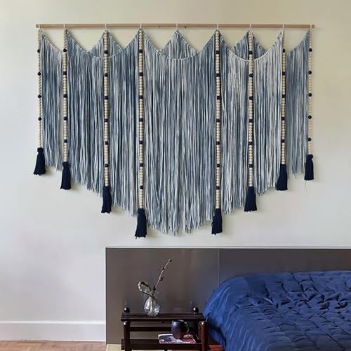 Macrame Wall Hanging Blue Dip Dye Bead Boho Home Decor 57"x43" (Blue)