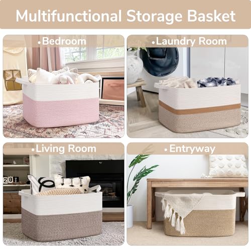 Large Woven Rope Blanket Basket (White & Camel Mix / Large(21.6"L x 14.9"W x 11.8"H))