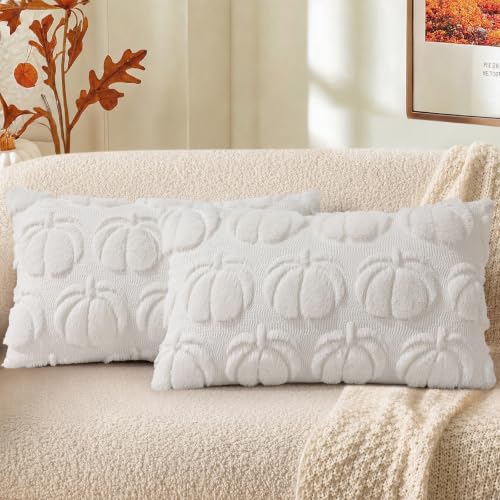 Cream White Pumpkin Faux Fur Throw Pillow Covers 12x20 Set of 2 (Cream White / 20" x 12" (Pack of 2))