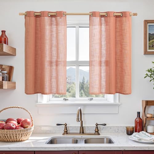 Short Linen Curtains 40 Inch Length for Kitchen 2 Panels Set (34"W x 40"L (Pack of 2) / Terracotta)