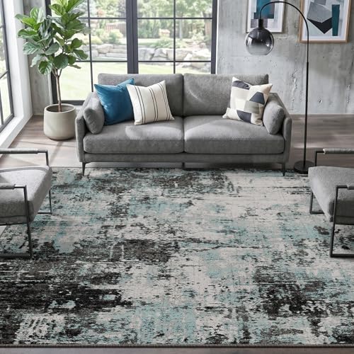 Washable 8'x10' Abstract Area Rug for Living Room Teal Black (Black/Teal Blue / 8' x 10' (Rectangular))