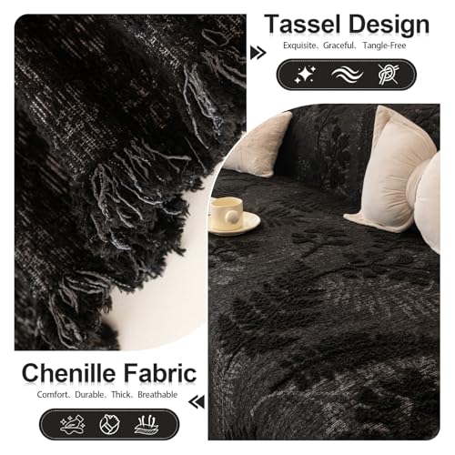 Washable Couch Covers for Sofa Boho Couch Covers for 3 Cushion Sofa Pet Friendly Black Chenille Jacquard Couch Protector for Dogs Plant Branch Sectional Cover Sofa Slipcovers (71" x 150" / U: Black)