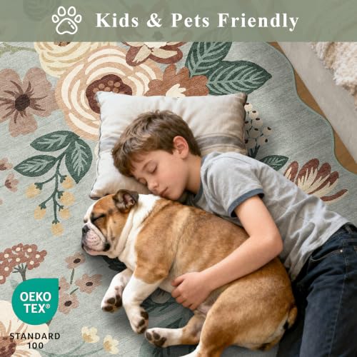 4x6 Area Rug Non Slip Floral Washable Living Room Rug (Sage Green (Big) / 4' x 6' (Rectangular))