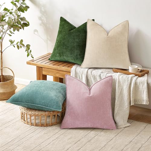 Chenille Beige Velvet Throw Pillow Covers 18x18 Set of 2 (Natural Beige / 18" x 18" (Pack of 2))
