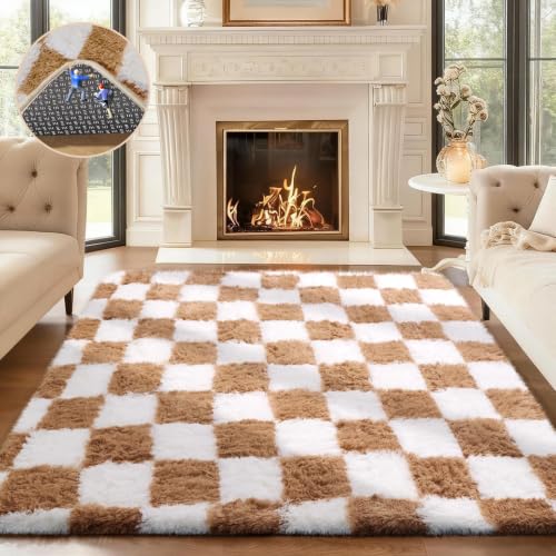 Checkered Beige & White Rug for Living Room Bedroom (Checkered Beige & White / 4' x 6' (Rectangular))