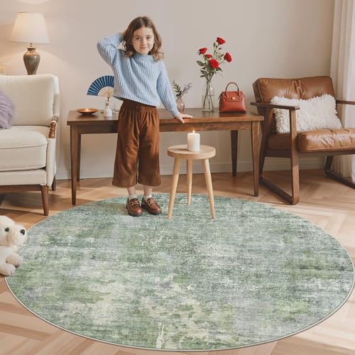Abstract 6x6 Round Rug 6ft Circle Living Room Rugs (Green/Ivory / 6' (Round))
