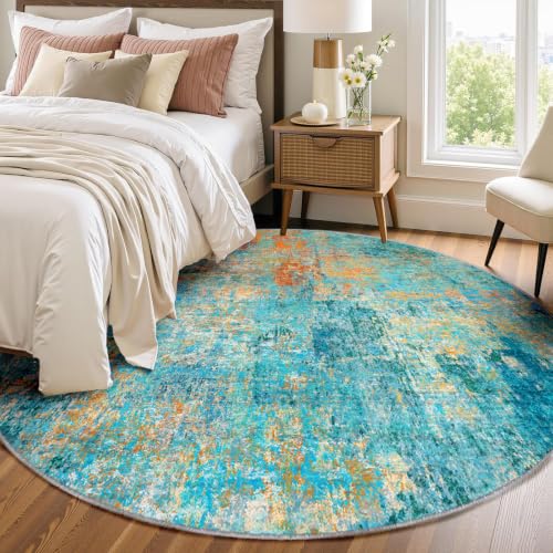Washable Round 8ft Area Rug for Living Room Teal Multi (Teal Blue/Green/Orange / 8' (Round))