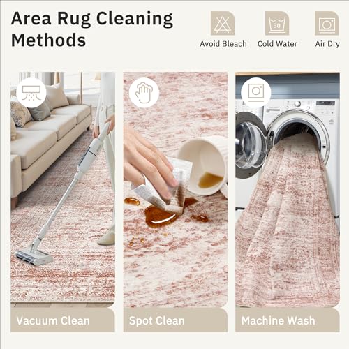 5x7 Area Rugs Pink Low Pile Washable Trendy Faded Style Rug (Pink / 5' x 7' (Rectangular))