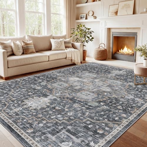Amada Large 10x14 Washable Area Rug for Living Room (10' x 14' (Rectangular) / Gray/Gold)
