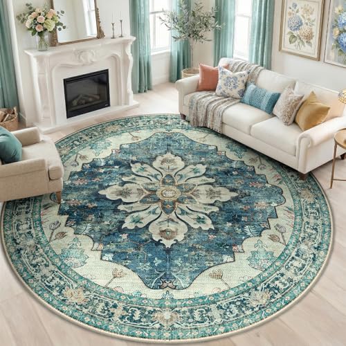 Washable Area Rug (Blue/Vintage Dark Blue / 8' (Round))