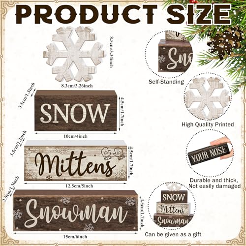 4 Pcs Wooden Snowman Block Signs Farmhouse Table Decoration (Snowflake Snowman)