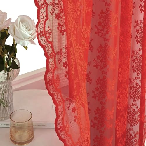 Vintage Lace Curtains 72 Inch Length 2 Panels for Bedroom (Red / 52"W x 72"L (Pack of 2))