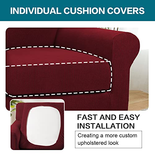 2 Piece Chair Covers Chair Slipcovers for Living Room Armchair Couch Cover Chair Sofa Cover with Individual Cushion Covers Furniture Cover for Chairs Feature Thick Fabric (Armchair (1 Cushion) / Burgundy)