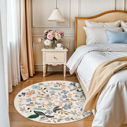 Washable Floral Round Rugs for Bedroom (4' (Round) / Cream/Floral)