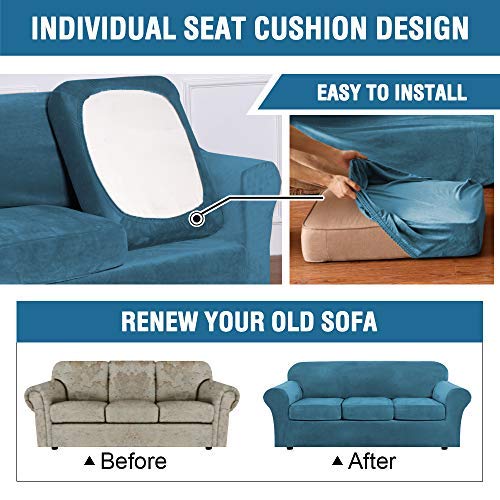 Rich Velvet Stretch 2 Piece Chair Cover Chair Slipcover Sofa Cover Furniture Protector Couch Soft with Elastic Bottom Chair Couch Cover with Arms Width Up to 49 Inch (1 Cushion Chair / Peacock Blue)