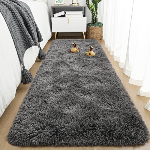 Fluffy Runner Rugs for Bedroom Aesthetic 2x6 Shag Soft Bedside Rug (Dark Grey / 2' X 6' (Runner))