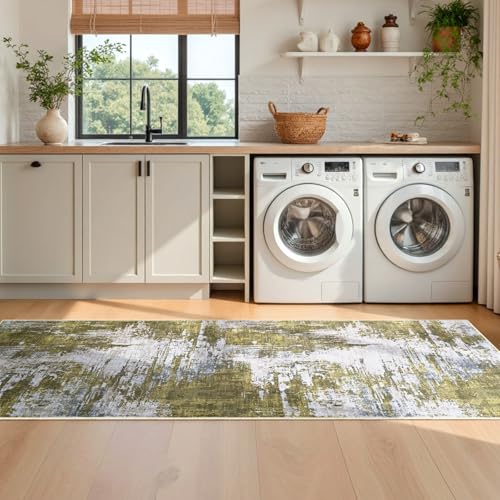 2x6 Sage Green Rug Runners for Hallways Kitchen Runner Rug Non Slip Washable Long Runner Rugs with Rubber Backing Soft Abstract Carpet Runner for Hallways (Green / 2' x 6' (Runner))