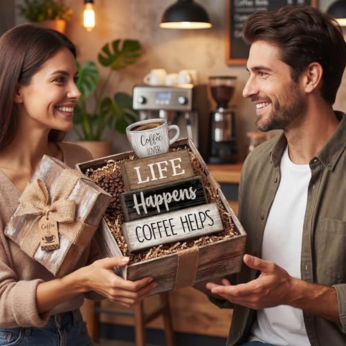 4 Pcs Wooden Coffee Bar Signs Farmhouse Table Decor Blocks (Coffee Lover)