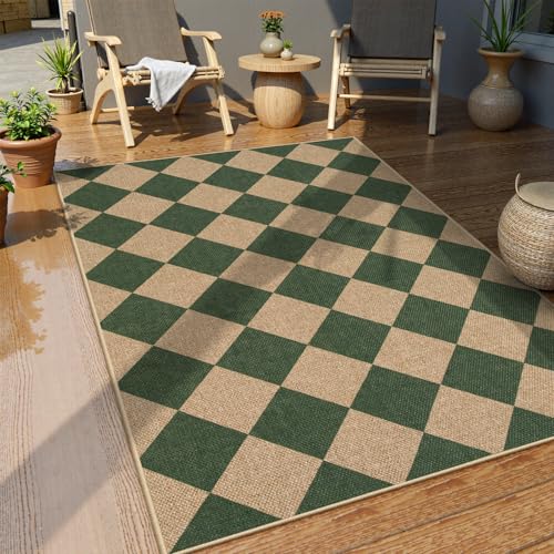 Checkered Easy Jute 3x5 Outdoor Patio Rug (3' x 5' (Rectangular) / Deep Green/Nature-2)
