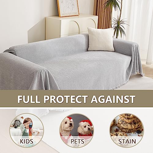 Chenille Sofa Cover for Dogs Cats Light Gery Couch Cover with Tassel Edge Farmhouse Furniture Protectors for Pets Thick Durable Sectional Couch Covers for 2 Cushion Couch (71" x 102" / Tassels Edge-light Grey)