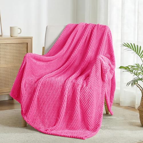 Soft Waffle Fleece Bed Blanket Queen Size (Hot Pink / 90x90 in)