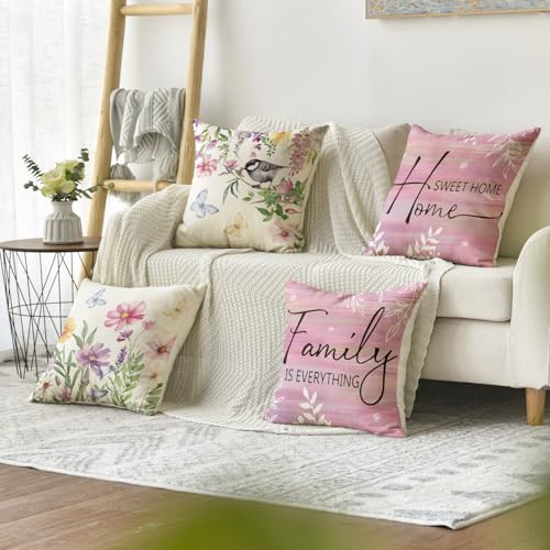 Spring Saying Flowers Butterfly Pink Throw Pillow Covers (Pink / 18" x 18" (Pack of 4))