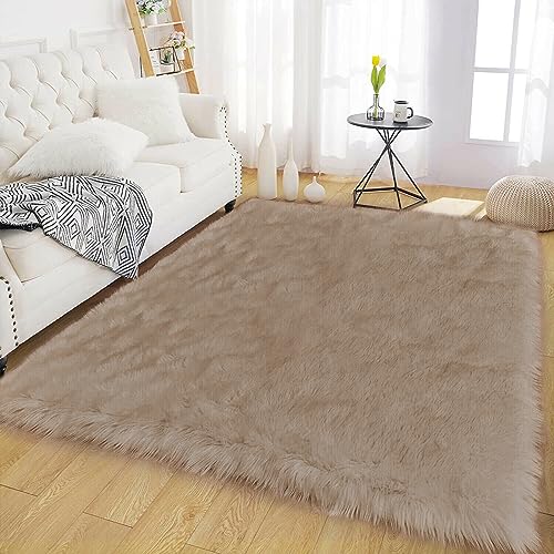 Shag Area Rugs 4x6 Machine Washable Faux Fur Rug Brown Beige Fluffy Carpet for Living Room Shaggy Plush Rug for Bedroom Floor Home Decor Rectangle (4' x 6' (Rectangular) / Beige)