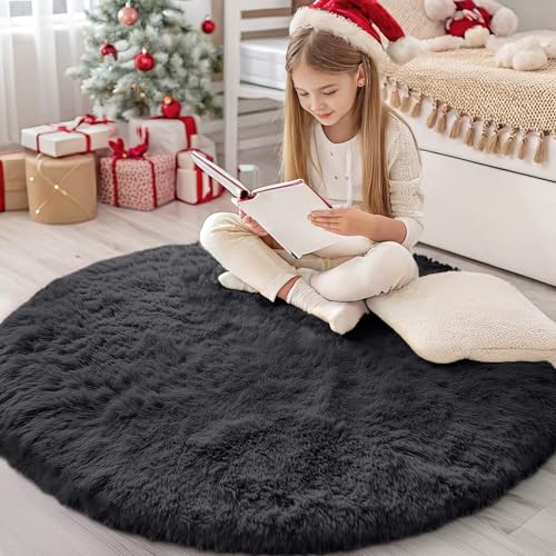 Black Round Rugs for Bedroom (4 Ft Round / Black)