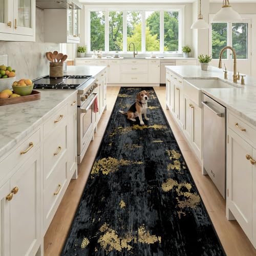 Washable Runner 2'6"x14' Abstract Area Rug for Hallway Black Gold (Black/Gold / 2'6" x 14' (Runner))