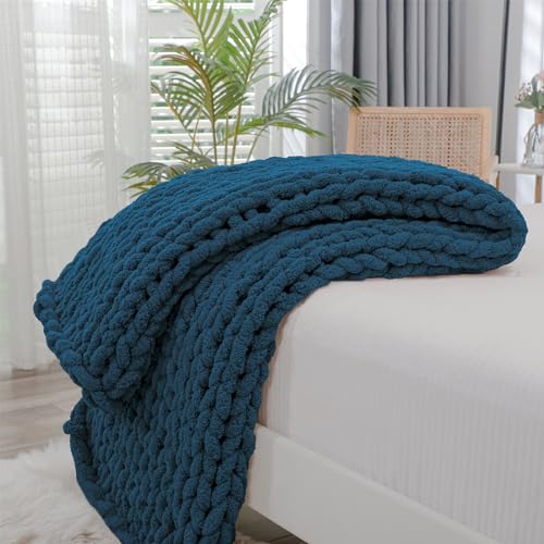 Chunky Knit Throw Blanket for Couch (Deep Sea Blue / 40"x60" (Medium Size Throw）)