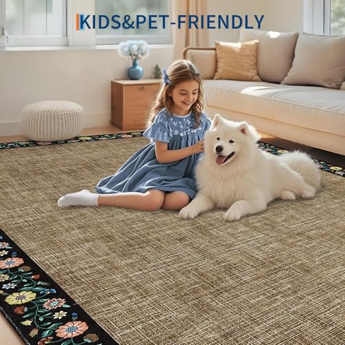 Washable Living Room Rug 9x12 Floral Bordered Area Rugs Soft Thin Indoor Carpet for Bedroom Modern Throw Aesthetic Mat Non Slip Stain Resistant Carpet for Dining Room Office (Black/Brown Flax / 9' x 12' (Rectangular))