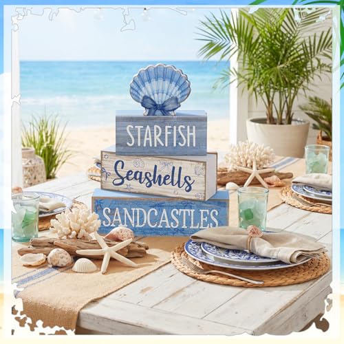4 Pcs Beach Wooden Signs Table Decor with Shell (Shell Bow)