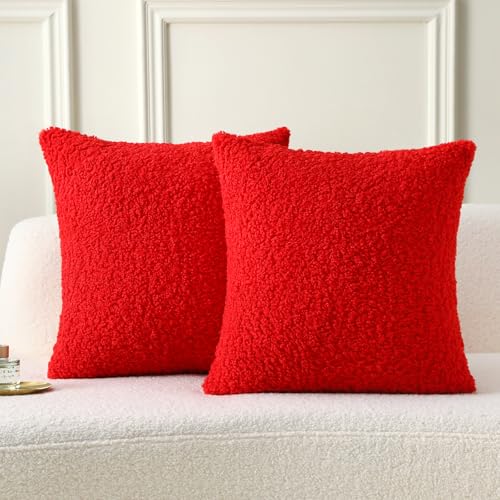 Pack of 2 Faux Fur Teddy Boucle Pillow Covers 20x20 Inch (Red / 20" x 20" (Pack of 2))