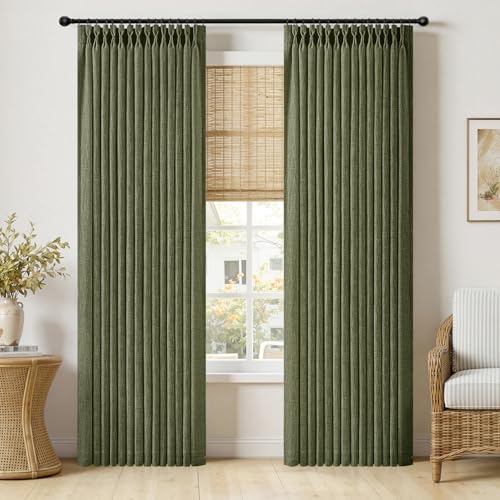 Olive Green Pinch Pleated Linen Curtains 96 Inches Long 2 Panels (Olive Green / 40"W x 96"L (Pack of 2))