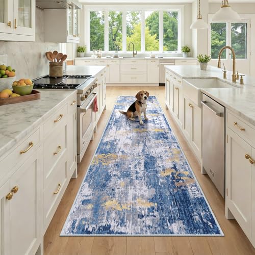 Washable Runner 3'x9' Abstract Area Rug for Hallway Blue Gold (Blue/Gold / 3' x 9' (Runner))