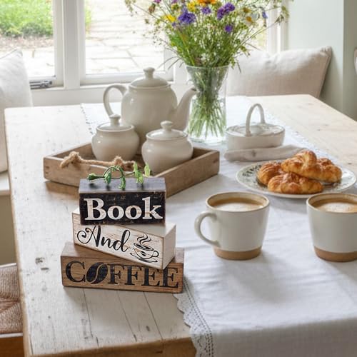 4 Pcs Farmhouse Table Decor Rustic Wooden Book and Coffee Signs (Coffee)