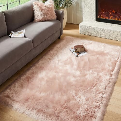 Faux Fur Sheepskin Rug for Living Room (4' x 6' (Rectangular) / Pink)
