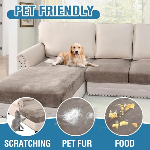 Velvet Stretch Sectional Couch Covers 4 Pieces Sofa Seat Cushion Covers L Shape Separate Cushion Couch Cover for Both Left (Taupe / 3 Seater + Chaise)