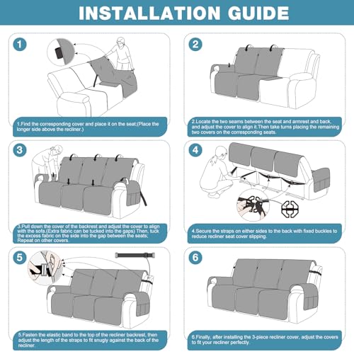100% Waterproof Recliner Sofa Covers 3 Seater Split Couch Covers for 3 Cushion Reclining Couch with Straps (Sky Blue / 3 Seater Standard)
