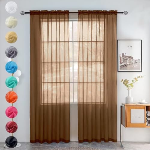 Solid Sheer Rod Pocket Curtain Voile Draperies 2 Panels White Beige Black Grey Coffee 52 Inch Width 84 Inch Long 1 Pair for Kitchen Bedroom Children Living Room Yard (Brown / 52"W x 84"L (Pack of 2))