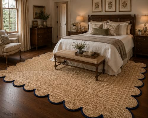 Scalloped Natural Jute Area Rug 8x10 Ft (8'x10' / Navy)
