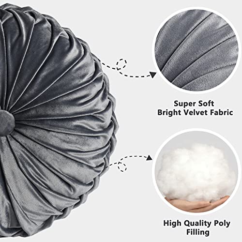 Set of 2 Dark Gray Velvet Decorative Round Pleated Throw Pillows (Dark Gray)