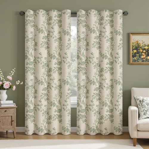 Sage Green Boho Floral 100% Blackout Curtains 84 Inch 2 Panels (Sage Green / 52"W x 84"L (Pack of 2))