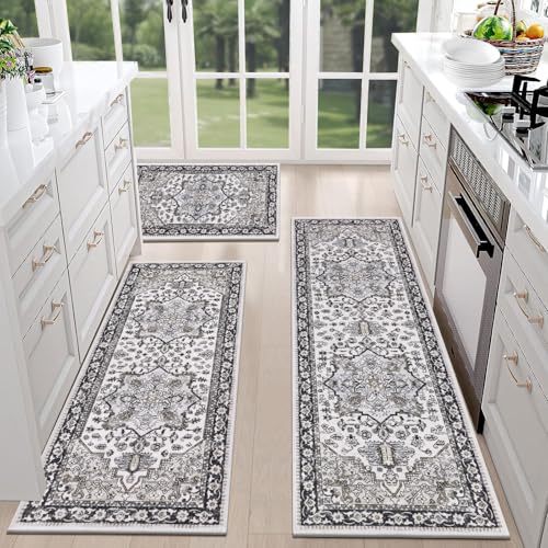HEBE Boho Kitchen Rugs Set of 3 (Black/Brown / 20"x32"+20"x48"+20"x59")