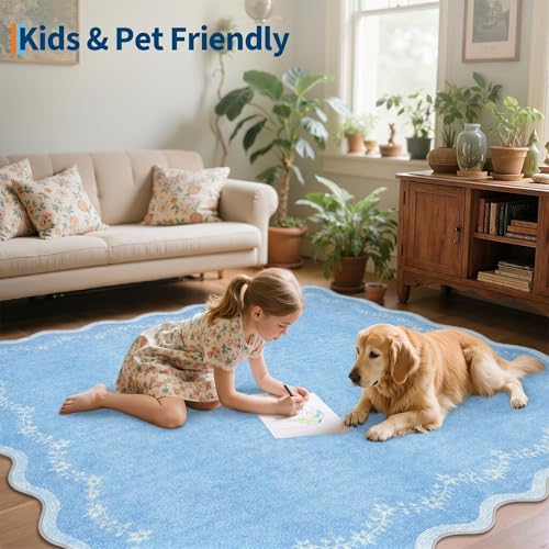 2x6 Scalloped Washable Runner Rug Non Slip Hallway Kitchen Rug (Baby Blue / 2' x 6' (Rectangular))