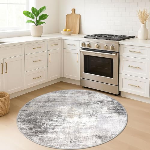 Round Area Rug 5 Ft Circle Entryway Rugs Round Washable Door Mat Indoor Entrance (Ash Grey/Beige / 5' x 5' (Rectangular))