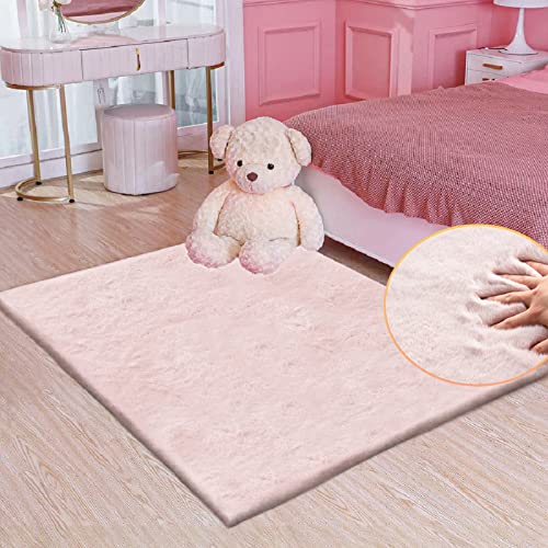 Pink Faux Fluffy Rabbit Fur Rug for Living Room Shag Washable Rug Area Rugs for Bedroom 3x5 Nursery Rugs (3' x 5' (Rectangular) / Pink)