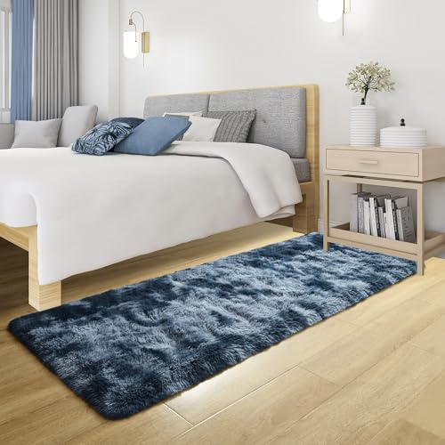 Soft 2x6 Runner Rugs for Bedroom Living Room Fluffy Plush (Tie-dyed Blue and Grey / 2' X 6' (Runner))