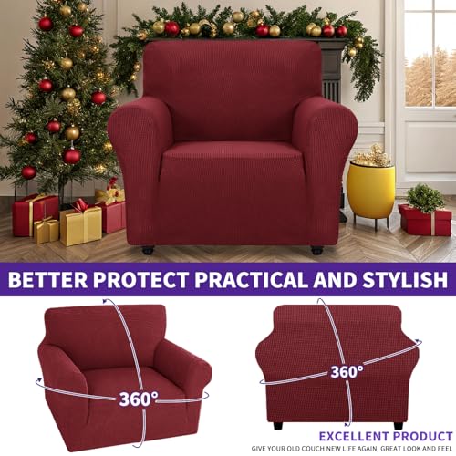 Super Stretch Chair Slipcover Universal Sofa Chair Covers for Living Room Dogs Pet Furniture Protector Spandex Armchair Slipcovers with Anti Slip Foam Sticks (Wine Red / Small (30"-47"))